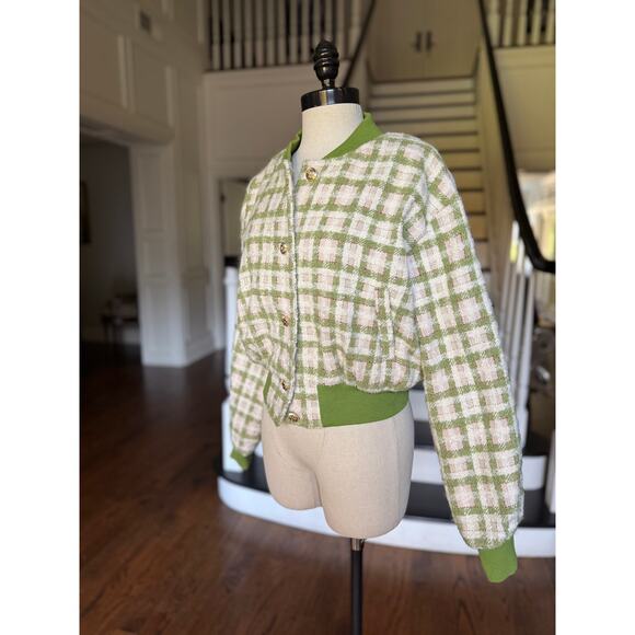 Green Plaid Boucle Bomber Jacket StreetStyle Casual School Fall Winter Spring - Picture 4 of 14